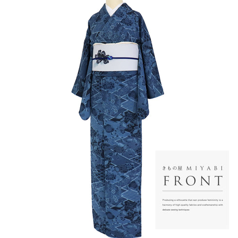 小紋 リサイクル 身丈162.2cm 裄65.6cm 袷 牡丹や菊柄 ブルー Lサイズ お洒落 カジュアル 正絹 広衿 Sランク