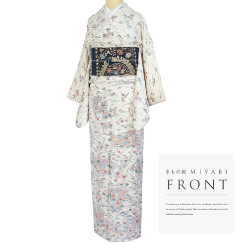 小紋 リサイクル 身丈158cm 裄63.8cm 袷 付け下げ小紋 花車に楓や松模様 ホワイト Mサイズ お洒落 カジュアル 正絹 広衿 Aランク