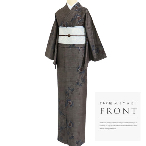 紬 リサイクル 身丈167cm 裄66.2cm 袷 花に枝模様 ブラウン LLサイズ お洒落 カジュアル しつけ糸 正絹 広衿 Sランク