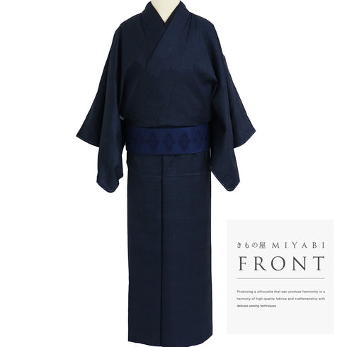 アンサンブル 男物 リサイクル 身丈150.2cm 裄68cm 羽織丈100cm 袷 大島 ネイビー Lサイズ お洒落 カジュアル しつけ糸 正絹 棒衿 Sランク