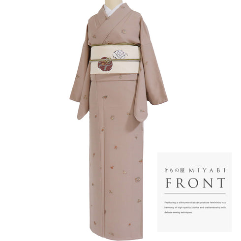 小紋 リサイクル 身丈163.2cm 裄66cm 袷 花などの小花散らし柄 手刺繍 パールトーン加工 ブラウン Lサイズ お洒落 正絹 広衿 Sランク