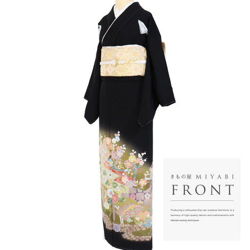 黒留袖 リサイクル 身丈164.5cm 裄66.4cm 袷 雪輪柄 金駒刺繍 ブラック Lサイズ 落款 五つ紋 しつけ糸 正絹 広衿 Sランク