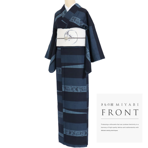 紬 リサイクル 身丈159cm 裄63cm 袷 横段柄 パールトーン加工 ネイビー Mサイズ お洒落 カジュアル しつけ糸 正絹 バチ衿 Sランク