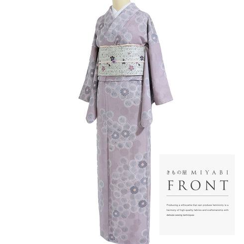 小紋 リサイクル 身丈155.5cm 裄64.6cm 袷 菊地紋 彩色 部分絞り パープル Mサイズ お洒落 カジュアル 正絹 広衿 Aランク