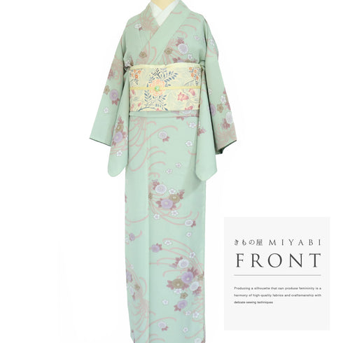 小紋 リサイクル 身丈163.5cm 裄66cm 袷 既製品 菊柄 グリーン Lサイズ お洒落 カジュアル ポリエステル 洗える着物 広衿 Aランク