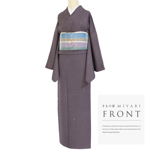 小紋 リサイクル 身丈163.5cm 裄70.6cm 袷 水玉柄 地紋 パープル Lサイズ お洒落 カジュアル 正絹 広衿 Aランク