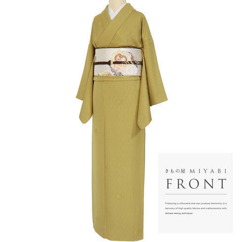 色無地 リサイクル 身丈168.5cm 裄66.4cm 袷 花柄 イエロー LLサイズ セミフォーマル 一つ紋 正絹 広衿 地紋あり Sランク