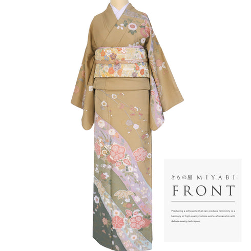 訪問着 リサイクル 身丈161.8cm 裄66.4cm 袷 梅竹 箔 ブラウン Lサイズ セミフォーマル お洒落 正絹 広衿 Sランク