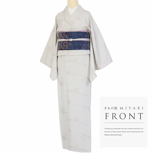 小紋 リサイクル 身丈153.8cm 裄64.8cm 袷 お召 菊やデザイン鶴 パールトーン加工 グレー Sサイズ お洒落 正絹 広衿 Sランク