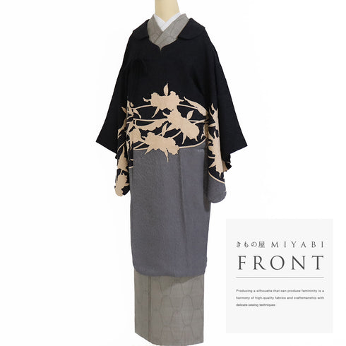 コート リサイクル 身丈106cm 裄66.4cm 袷 ロング変わり衿コート 絵羽柄 草花のシルエット柄 多色 Mサイズ お洒落 正絹 Sランク