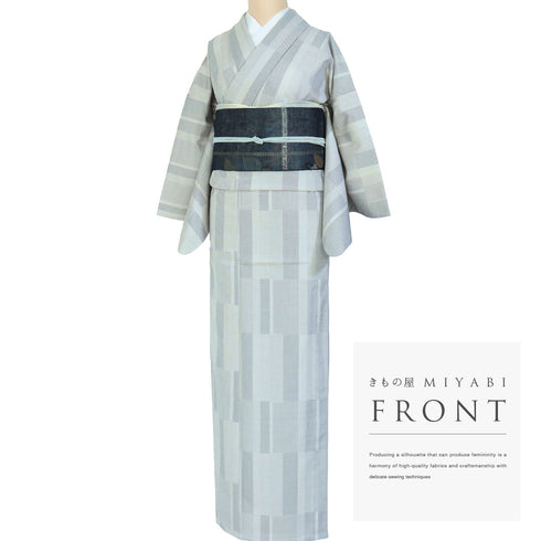 紬 リサイクル 身丈160.5cm 裄64.8cm 単衣 絣寄せ柄 グレー Lサイズ カジュアル お洒落 混合 洗える着物 広衿 Sランク