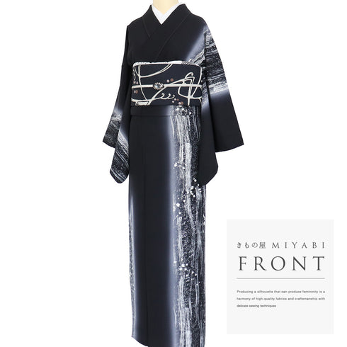 訪問着 リサイクル 身丈166cm 裄66.8cm 袷 たたきに刷毛目柄 ブラック LLサイズ お洒落 正絹 広衿 Aランク