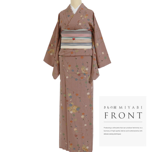 小紋 リサイクル 身丈158.8cm 裄64.4cm 袷 縞に紅葉 箔 ブラウン Mサイズ お洒落 カジュアル しつけ糸 正絹 広衿 Sランク