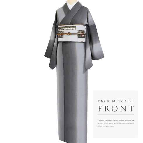 小紋 リサイクル 身丈157.6cm 裄65.6cm 袷 縦ぼかし柄 地紋 グレー Mサイズ お洒落 カジュアル 正絹 広衿 Aランク