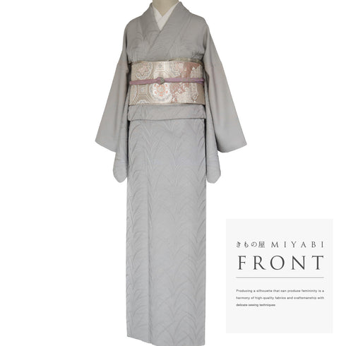 付下げ リサイクル 身丈159cm 裄66.4cm 袷 地紋 大王松模様 グレー Mサイズ セミフォーマル お洒落 落款 正絹 広衿 Sランク