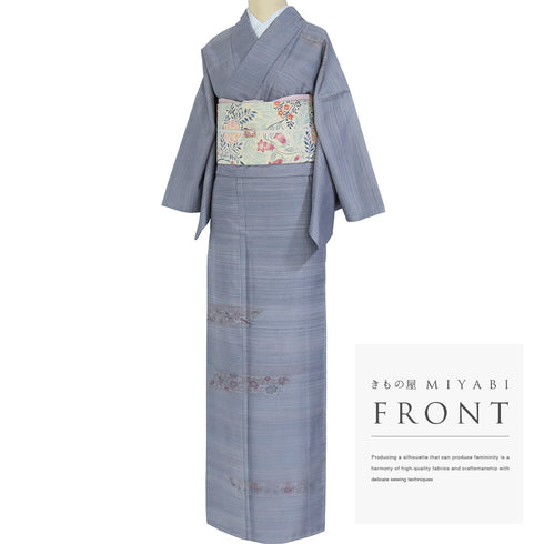 訪問着 リサイクル 身丈167.8cm 裄64.8cm 袷 紬 若干ゆったりサイズ 鳳凰柄 花柄 ブルー LLサイズ お洒落 正絹 広衿 Aランク