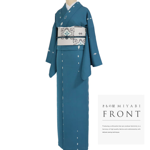 小紋 リサイクル 身丈164.7cm 裄67.8cm 袷 デザイン菱柄 白玉一珍染 大東工房 ブルー Lサイズ お洒落 カジュアル 正絹 広衿 Sランク