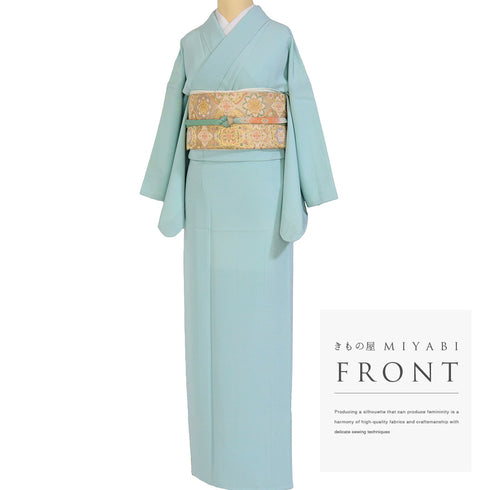 色無地 リサイクル 身丈160.3cm 裄65.2cm 袷 ブルー Mサイズ セミフォーマル お洒落 一つ紋 しつけ糸 正絹 広衿 Sランク