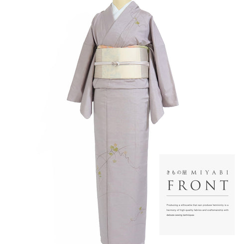 訪問着 身丈174.5cm 裄66.8cm 袷 紬 蔦や花模様 高尾健三 パープル LLサイズ お洒落 正絹 広衿 Sランク