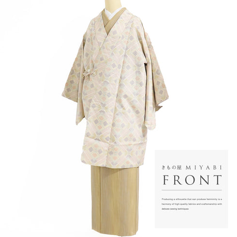 道中着 リサイクル 身丈98.8cm 裄68.6cm 袷 紬 デザイン斜め格子柄 ベージュ LLサイズ カジュアル お洒落 正絹 Aランク