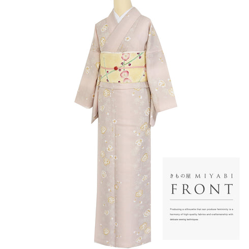 小紋 リサイクル 身丈164.5cm 裄66cm 袷 縞模様 花柄 既製品 ピンク Lサイズ お洒落 ポリエステル 洗える着物 広衿 Aランク