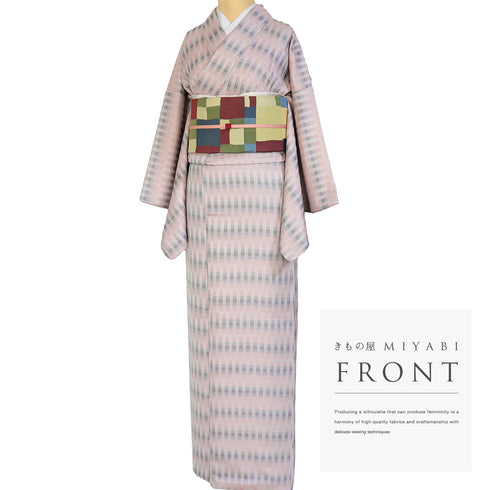 小紋 リサイクル 身丈163.7cm 裄66.8cm 袷 ゆったりサイズ 格子柄 ピンク Lサイズ お洒落 カジュアル 不明 広衿 Sランク