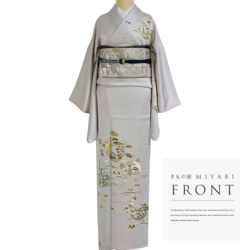 訪問着 リサイクル 身丈162cm 裄66cm 袷 花柄 ホワイト Lサイズ フォーマル セミフォーマル 正絹 広衿 Sランク