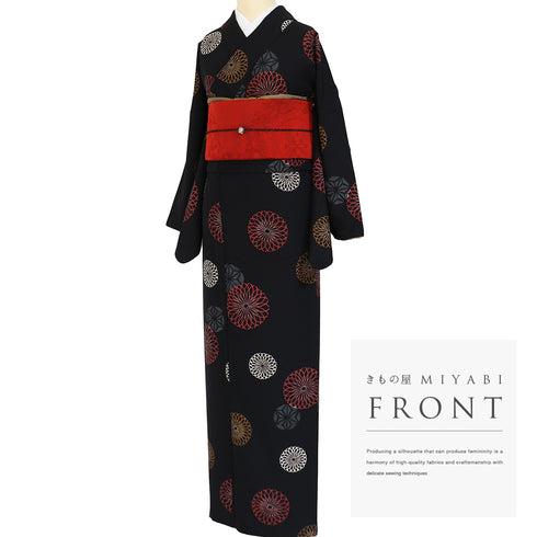 小紋 リサイクル 身丈167.7cm 裄69cm 袷 デザイン菊柄 丸に麻の葉柄 既製品 ブラック LLサイズ お洒落 カジュアル ポリエステル 洗える着物 広衿 Aランク