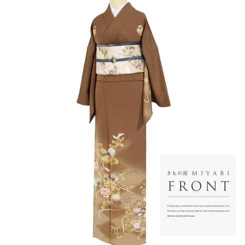 付下げ リサイクル 身丈168cm 裄69.6cm 袷 牡丹 四季花 プラチナガード加工 金駒刺繍 花井幸子作 ブラウン LLサイズ セミフォーマル お洒落 三つ紋 正絹 広衿 Aランク