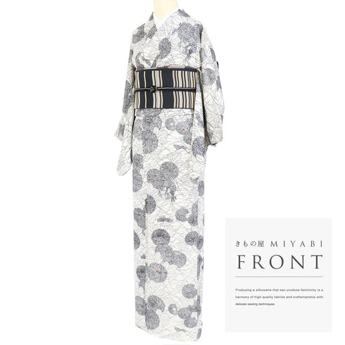 小紋 リサイクル 身丈155.8cm 裄63.2cm 単衣 菊柄 アイボリー Mサイズ お洒落 カジュアル 正絹 バチ衿 Aランク