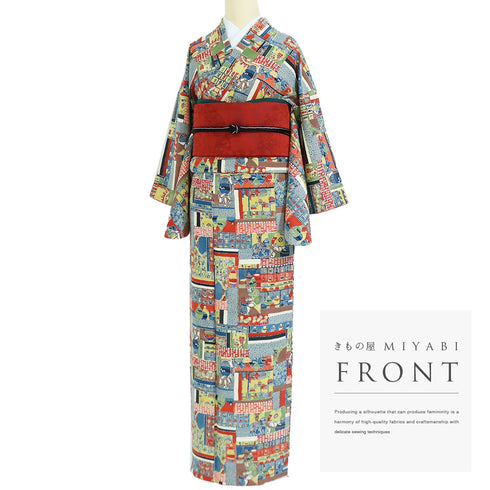 小紋 リサイクル 身丈159.5cm 裄64.8cm 袷 陶芸に花瓶や壺柄 多色 Mサイズ お洒落 カジュアル 正絹 広衿 Aランク