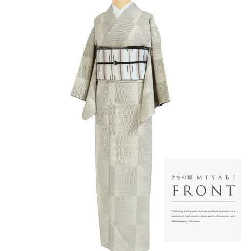 紬 リサイクル 身丈162cm 裄65cm 袷 お召 石畳柄 織りぼかし 地紋 アイボリー Lサイズ お洒落 カジュアル 正絹 広衿 Aランク