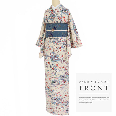 小紋 リサイクル 身丈156.5cm 裄62.6cm 袷 風景や四季花柄 ベージュ Mサイズ お洒落 ポリエステル 洗える着物 広衿 Sランク