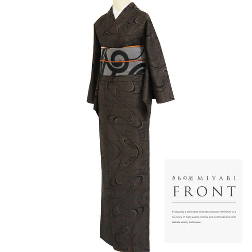 大島紬 リサイクル 身丈166cm 裄66.4cm 袷 流水柄 ブラウン LLサイズ カジュアル お洒落 正絹 広衿 Bランク