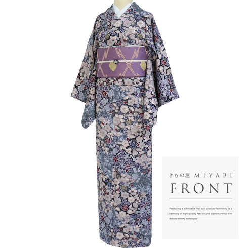 小紋 リサイクル 身丈159cm 裄62.8cm 袷 辻ヶ花模様 地紋 グレー Mサイズ お洒落 カジュアル 証紙 しつけ糸 正絹 広衿 Sランク