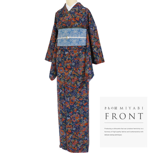 小紋 リサイクル 身丈162cm 裄64.3cm 袷 花唐草柄 鳳凰柄 ネイビー Lサイズ カジュアル お洒落 正絹 広衿 Sランク