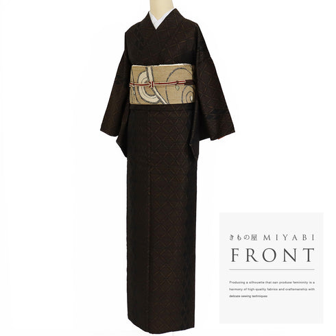 紬 リサイクル 身丈164.5cm 裄64.8cm 袷 デザイン綱模様 ブラック Lサイズ お洒落 証紙 正絹 広衿 Aランク