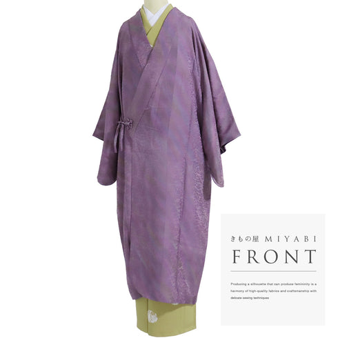 道中着 リサイクル 身丈124.7cm 裄66.6cm 袷 着物衿 対丈 地紋 パープル Lサイズ お洒落 正絹 Sランク