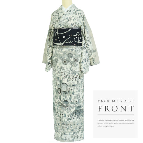 付下げ リサイクル 身丈158.2cm 裄67.6cm 袷 祭礼柄 グレー Mサイズ お洒落 正絹 広衿 Sランク