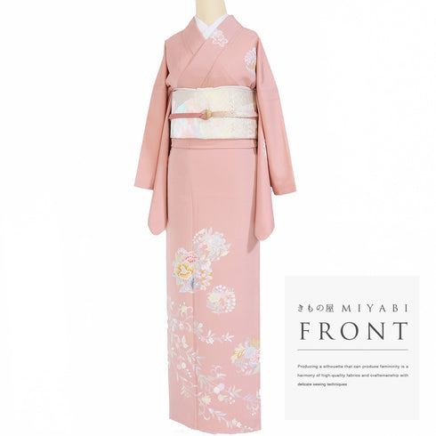 訪問着 リサイクル 身丈164cm 裄68cm 袷 花丸や花唐草柄 ピンク Lサイズ セミフォーマル お洒落 正絹 広衿 Sランク