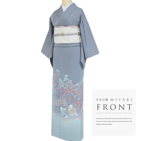 色留袖 リサイクル 身丈152.5cm 裄62cm 袷 童柄 松林柄 地引網風景 比翼付き グレー Sサイズ セミフォーマル 落款 三つ紋 正絹 広衿 Aランク