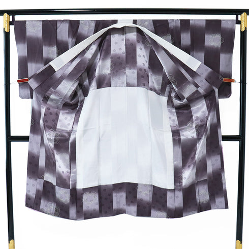 長襦袢 リサイクル 長襦袢 身丈130.3cm 裄69.2cm 袷 梅柄 縞柄 地紋 後見頃居敷当て付き パープル LLサイズ お洒落 カジュアル 正絹 袖無双 Sランク