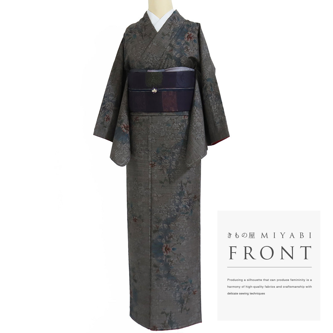 リサイクル着物 大島紬 袷 身丈157.8cm 裄65cm 花枝柄 カジュアル S