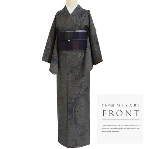 大島紬 リサイクル 身丈157.8cm 裄65cm 袷 花枝柄 ブラウン Mサイズ お洒落 カジュアル 証紙 正絹 広衿 Sランク