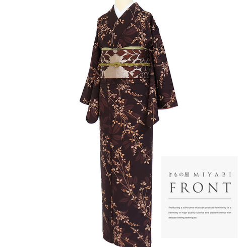 小紋 リサイクル 身丈165.5cm 裄67.3cm 袷 草花柄 既製品 ブラウン LLサイズ お洒落 ポリエステル 洗える着物 広衿 Sランク