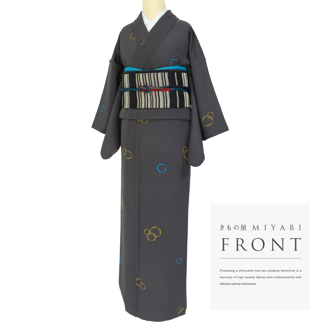 小紋 身丈152.5cm 裄丈64.5cm M 単衣 縦縞 幾何学模様 黒灰 正絹