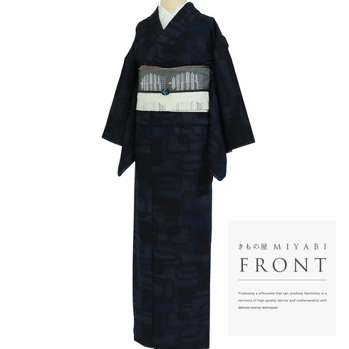 紬 リサイクル 身丈162cm 裄65.8cm 袷 デザイン格子模様 ブルー Lサイズ お洒落 カジュアル しつけ糸 正絹 広衿 Sランク