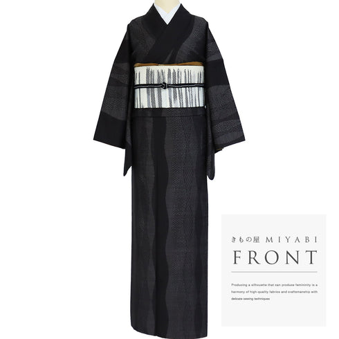 紬 リサイクル 身丈163.8cm 裄68.8cm 袷 デザイン縦枠 ブラック Lサイズ お洒落 カジュアル 正絹 広衿 Sランク