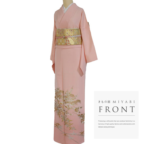 色留袖 リサイクル 身丈160.7cm 裄66cm 袷 金彩 松竹梅柄 南天柄 和田光正 ヒヨクなし ピンク Lサイズ セミフォーマル 落款 一つ紋 しつけ糸 正絹 広衿 Sランク