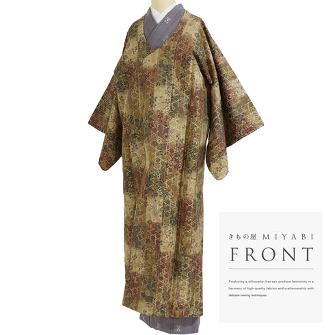 コート リサイクル 身丈133.2cm 裄66cm 袷 ロングコート 千代太衿 パールトーン加工 籠目に花草柄 ブラウン Mサイズ お洒落 正絹 Sランク